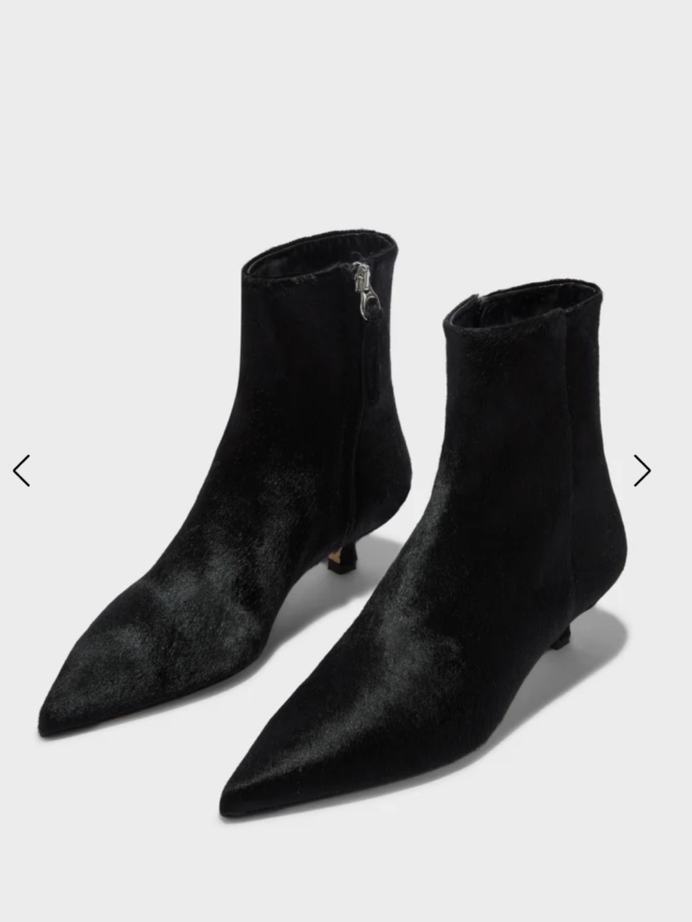 Aeyde Sofie Pony Hair Black Pointed Ankle Boots with Kitten Heel